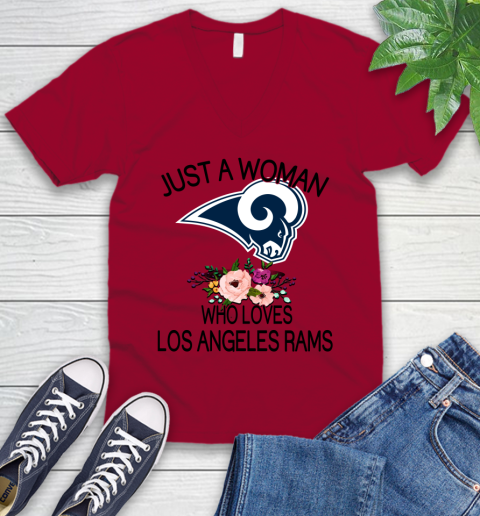 NFL Just A Woman Who Loves Los Angeles Rams Football Sports V-Neck T-Shirt 5