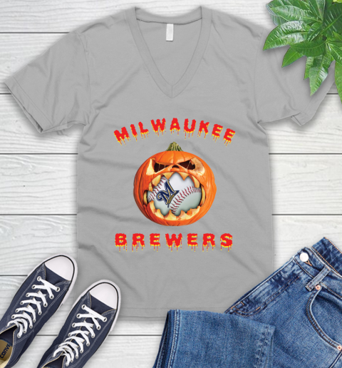 MLB Milwaukee Brewers Halloween Pumpkin Baseball Sports V-Neck T-Shirt 4