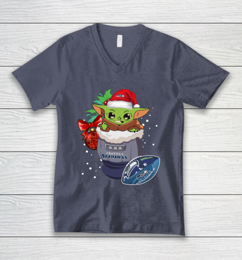 Seattle Seahawks Christmas Baby Yoda Star Wars Funny Happy NFL V-Neck T-Shirt 8