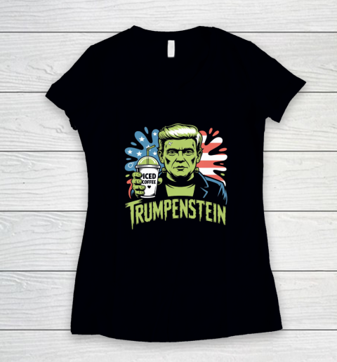 Trumpenstein Funny Iced Coffee Drink Halloween 4th of July USA Flag Women's V-Neck T-Shirt