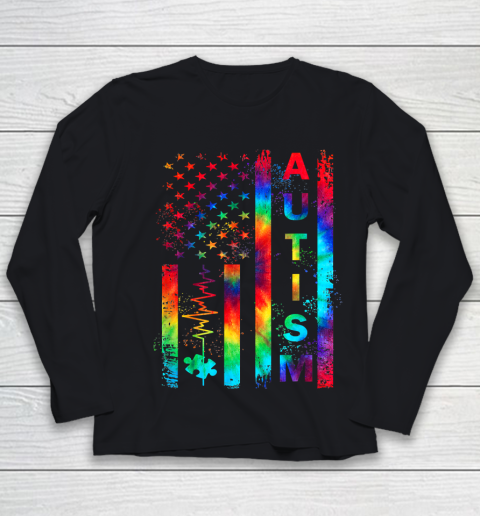 American Flag Autism Awareness Teacher Mom Support Tie Dye Fitted Youth Long Sleeve