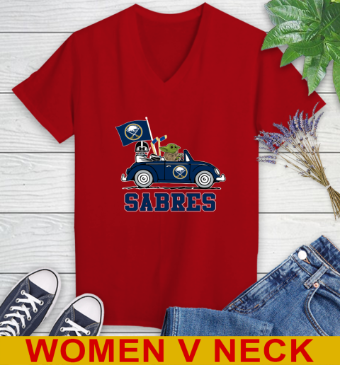 NHL Hockey Buffalo Sabres Darth Vader Baby Yoda Driving Star Wars Shirt Women's V-Neck T-Shirt 12