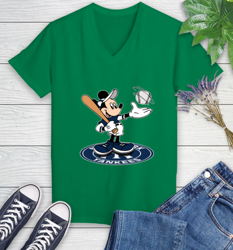 MLB Baseball New York Yankees Cheerful Mickey Disney Shirt Women's V-Neck  T-Shirt