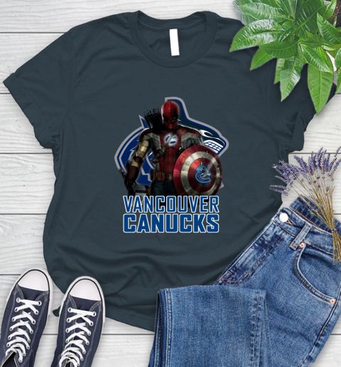 NHL Captain America Thor Spider Man Hawkeye Avengers Endgame Hockey Vancouver Canucks Women's T-Shirt 8
