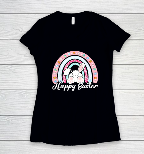 Leopard Rainbow Easter Bunny Rabbit Happy Easter Teacher Women's V-Neck T-Shirt