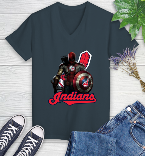 MLB Captain America Thor Spider Man Hawkeye Avengers Endgame Baseball Cleveland Indians Women's V-Neck T-Shirt 8