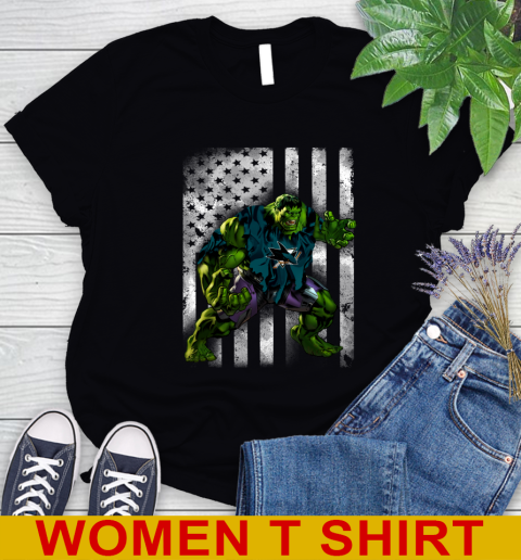 San Jose Sharks Hulk Marvel Avengers NHL Hockey American Flag Women's T-Shirt