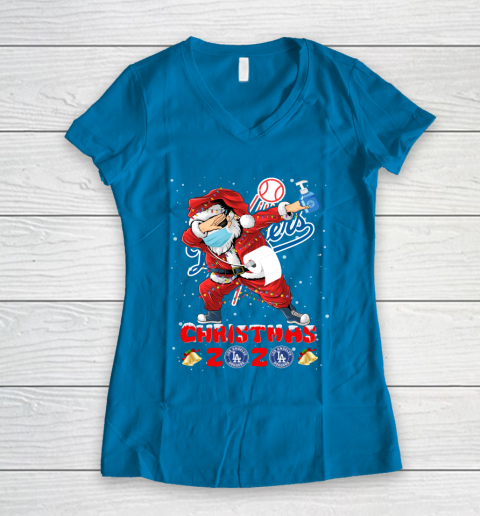 Los Angeles Dodgers Funny Santa Claus Dabbing Christmas 2020 MLB Women's V-Neck T-Shirt 5