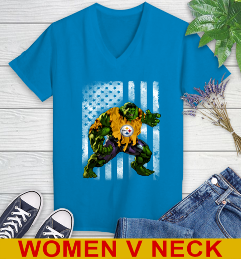 Pittsburgh Steelers Hulk Marvel Avengers NFL Football American Flag Women's V-Neck T-Shirt - Image 8