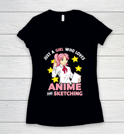 Just A Girl Who Loves Anime and Sketching Girls Anime Merch Women's V-Neck T-Shirt