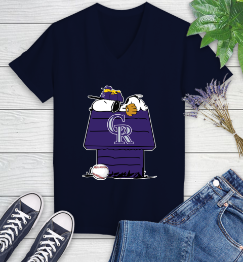 MLB Colorado Rockies Snoopy Woodstock The Peanuts Movie Baseball T Shirt Women's V-Neck T-Shirt 3