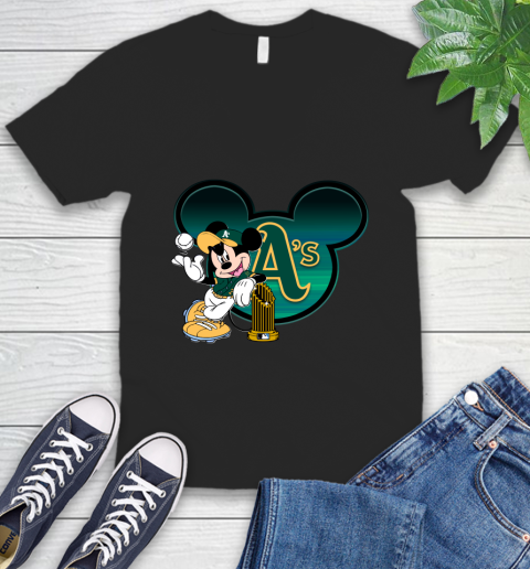 MLB Oakland Athletics The Commissioner's Trophy Mickey Mouse Disney V-Neck T-Shirt 2