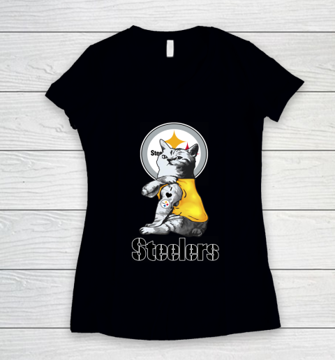 NFL Football My Cat Loves Pittsburgh Steelers Women's V-Neck T-Shirt
