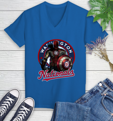 MLB Captain America Thor Spider Man Hawkeye Avengers Endgame Baseball Washington Nationals Women's V-Neck T-Shirt 10