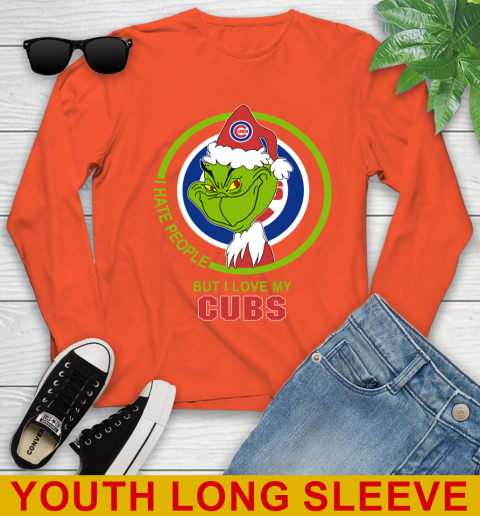 Chicago Cubs MLB Christmas Grinch I Hate People But I Love My Favorite Baseball Team Youth Long Sleeve 4