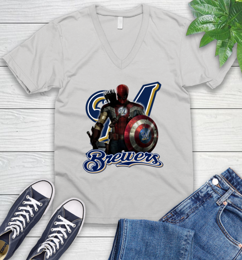 MLB Captain America Thor Spider Man Hawkeye Avengers Endgame Baseball Milwaukee Brewers V-Neck T-Shirt