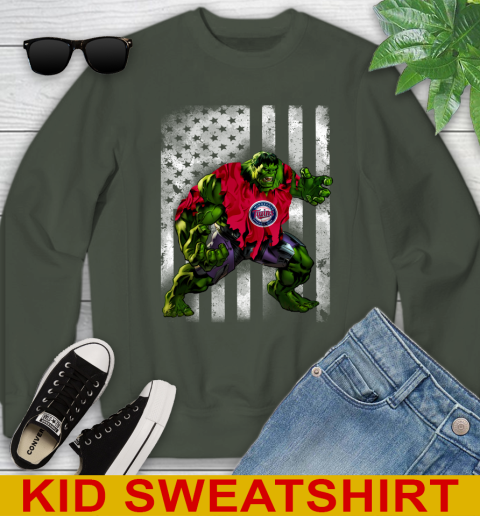 Minnesota Twins Hulk Marvel Avengers MLB Baseball American Flag Youth Sweatshirt 8