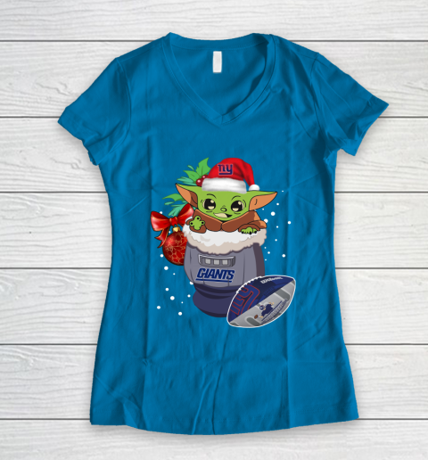 New York Giants Christmas Baby Yoda Star Wars Funny Happy NFL Women's V-Neck T-Shirt 7