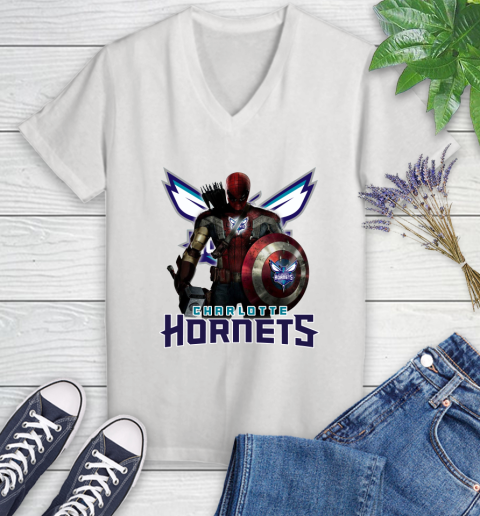 Charlotte Hornets NBA Basketball Captain America Thor Spider Man Hawkeye Avengers Women's V-Neck T-Shirt