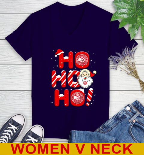 Atlanta Hawks NBA Basketball Ho Ho Ho Santa Claus Merry Christmas Shirt Women's V-Neck T-Shirt 3