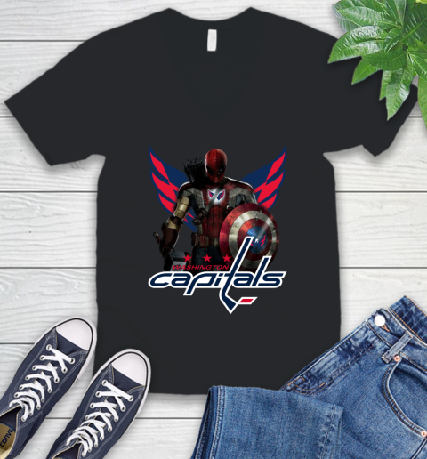 NHL Captain America Thor Spider Man Hawkeye Avengers Endgame Hockey Washington Capitals V-Neck T-Shirt 3 NHL Captain America Thor Spider Man Hawkeye Avengers Endgame Hockey Washington Capitals V-Neck T-Shirt - Image 3