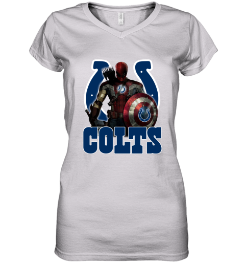 NFL Captain America Thor Spider Man Hawkeye Avengers Endgame Football Indianapolis Colts Women's V-Neck T-Shirt