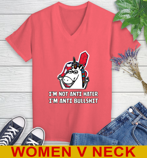 Cleveland Indians MLB Baseball Unicorn I'm Not Anti Hater I'm Anti Bullshit Women's V-Neck T-Shirt 7