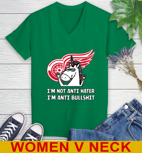 Detroit Red Wings NHL Hockey Unicorn I'm Not Anti Hater I'm Anti Bullshit Women's V-Neck T-Shirt 6