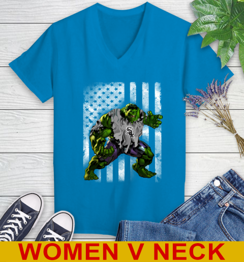 Chicago White Sox Hulk Marvel Avengers MLB Baseball American Flag Women's V-Neck T-Shirt 7