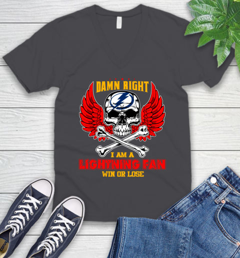 NHL Damn Right I Am A Tampa Bay Lightning Win Or Lose Skull Hockey Sports V-Neck T-Shirt 4