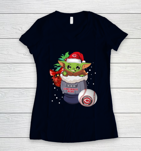 Cincinnati Reds Christmas Baby Yoda Star Wars Funny Happy MLB Women's V-Neck T-Shirt 3