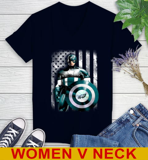 Philadelphia Eagles NFL Football Captain America Marvel Avengers American Flag Shirt Women's V-Neck T-Shirt 2