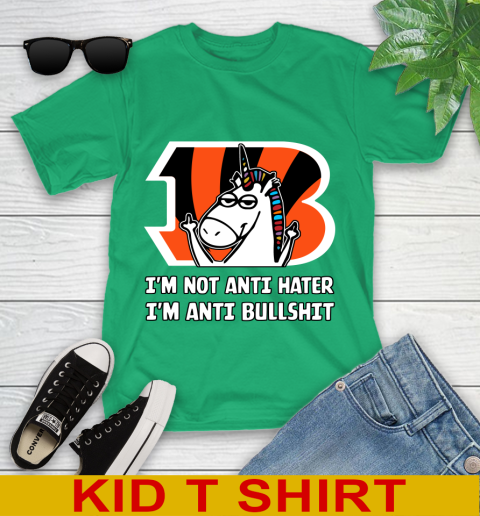 Cincinnati Bengals NFL Football Unicorn I'm Not Anti Hater I'm Anti Bullshit Youth T-Shirt 6