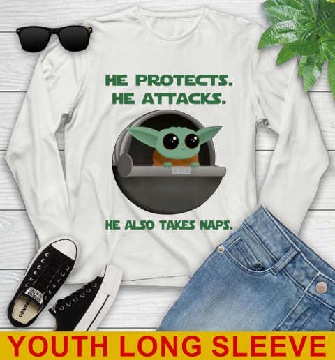He Protects He Attacks He Also Takes Naps Baby Yoda Star Wars Shirts Youth Long Sleeve 10