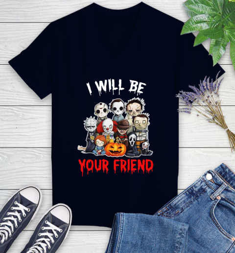 Halloween Horror Movie Characters Chibi I Will Be Your Friend Women's V-Neck T-Shirt 2