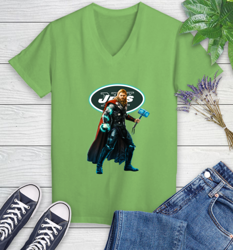 NFL Thor Avengers Endgame Football New York Jets Women's V-Neck T-Shirt 11