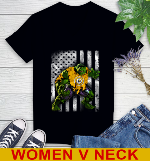Indiana Pacers Hulk Marvel Avengers NBA Basketball American Flag Women's V-Neck T-Shirt