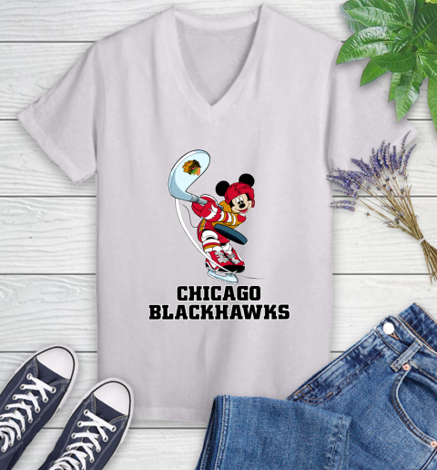 NHL Hockey Chicago Blackhawks Cheerful Mickey Mouse Shirt Women's V-Neck T-Shirt 2