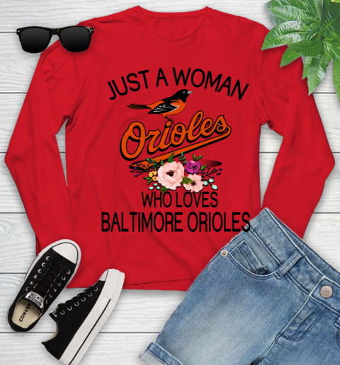 MLB Just A Woman Who Loves Baltimore Orioles Baseball Sports Youth Long Sleeve 8