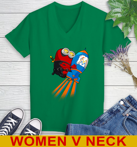 MLB Baseball Miami Marlins Deadpool Minion Marvel Shirt Women's V-Neck T-Shirt 5