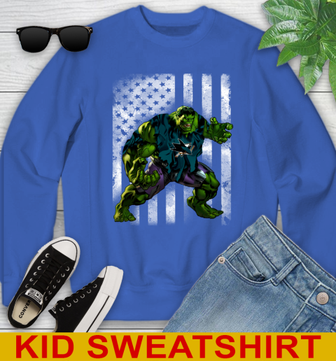 San Jose Sharks Hulk Marvel Avengers NHL Hockey American Flag Youth Sweatshirt 6