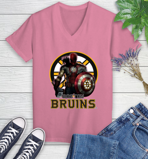 NHL Captain America Thor Spider Man Hawkeye Avengers Endgame Hockey Boston Bruins Women's V-Neck T-Shirt 13
