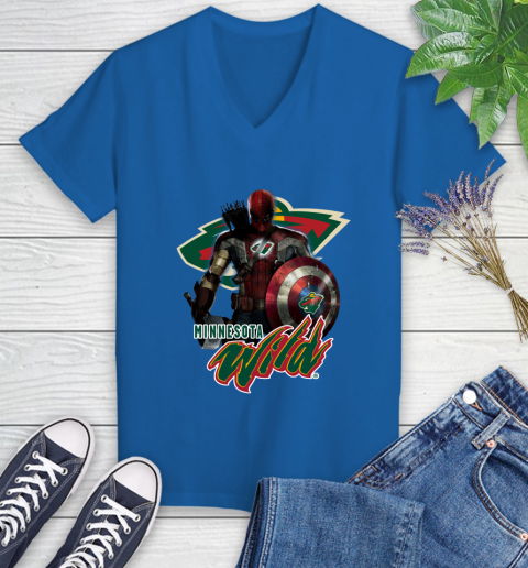 NHL Captain America Thor Spider Man Hawkeye Avengers Endgame Hockey Minnesota Wild Women's V-Neck T-Shirt 10