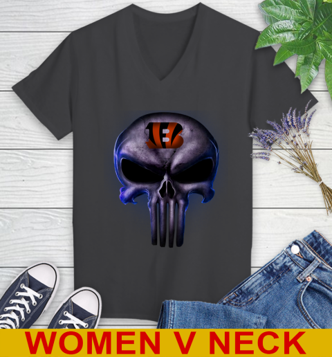 Cincinnati Bengals NFL Football Punisher Skull Sports Women's V-Neck T-Shirt 8