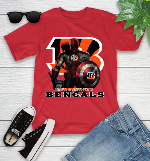 NFL Captain America Thor Spider Man Hawkeye Avengers Endgame Football Cincinnati Bengals Youth T-Shirt 10
