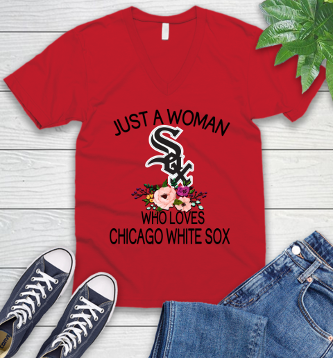 MLB Just A Woman Who Loves Chicago White Sox Baseball Sports V-Neck T-Shirt 4