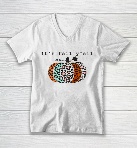Leopard Pumpkin Hello Fall Thanksgiving Cheetah V-Neck T-Shirt