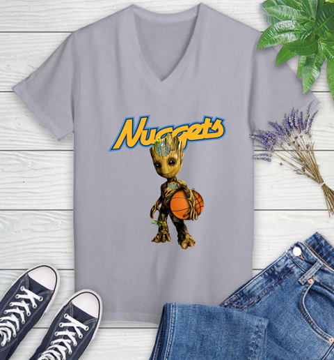 Denver Nuggets NBA Basketball Groot Marvel Guardians Of The Galaxy Women's V-Neck T-Shirt 4