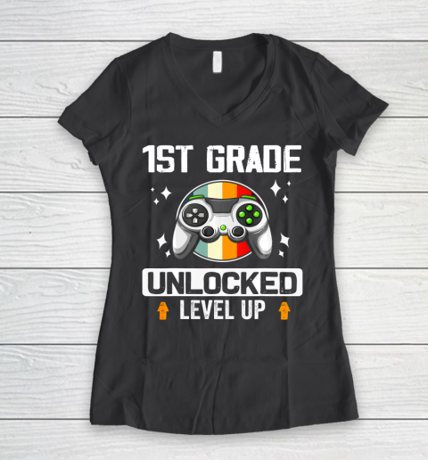 Next Level t shirts 1st Grade Unlocked Level Up Back To School First Grade Gamer Women's V-Neck T-Shirt 6