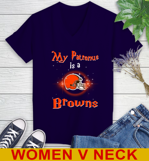 NFL Football Harry Potter My Patronus Is A Cleveland Browns Women's V-Neck T-Shirt 3